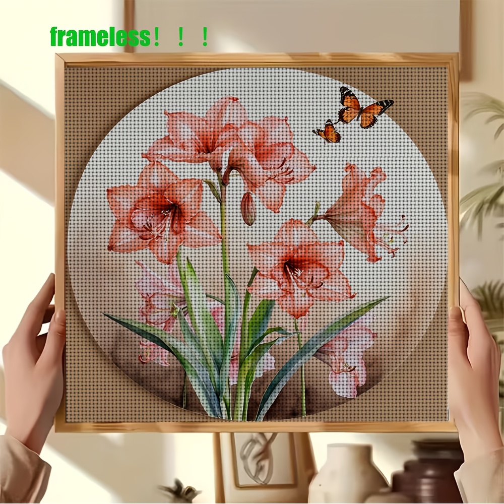 New Cross Stitch Printed Kit, Frameless, "Round Frame Floral Butterfly" Pattern