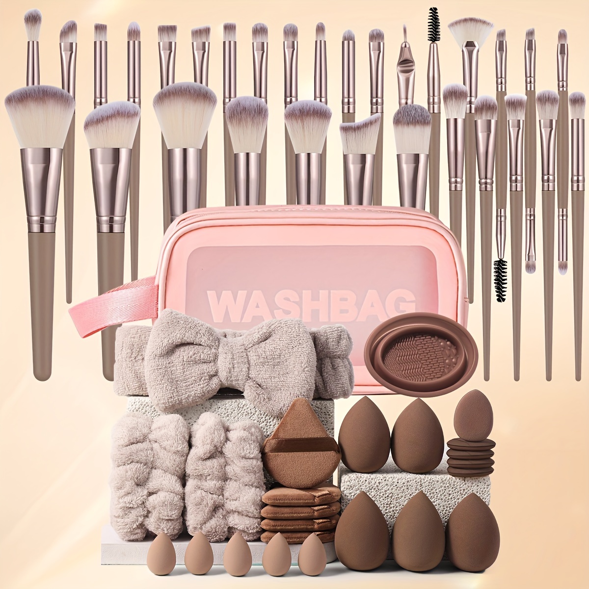 

30-pcs Makeup Brush Set With Travel Wash Bag, Hair Bands & Sponges - Nylon Bristles, Abs Handle, Alcohol-free, Palm Brush Design For Flawless Application - Suitable For Normal Skin Types