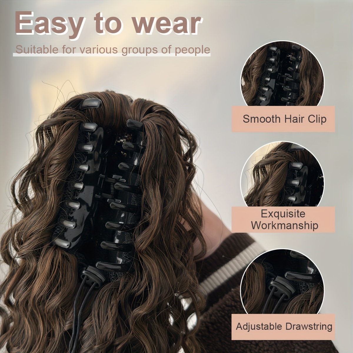   24 deep wave dark brown claw clip ponytail extension heat resistant synthetic hair for women long curly   for daily   accessories details 1