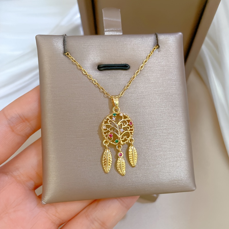 Image of Stainless Steel Light Color Synthetic Zirconia Life Tree Dreamcatcher Pendant Necklace Suitable For Women To Holiday Jewelry Gifts New