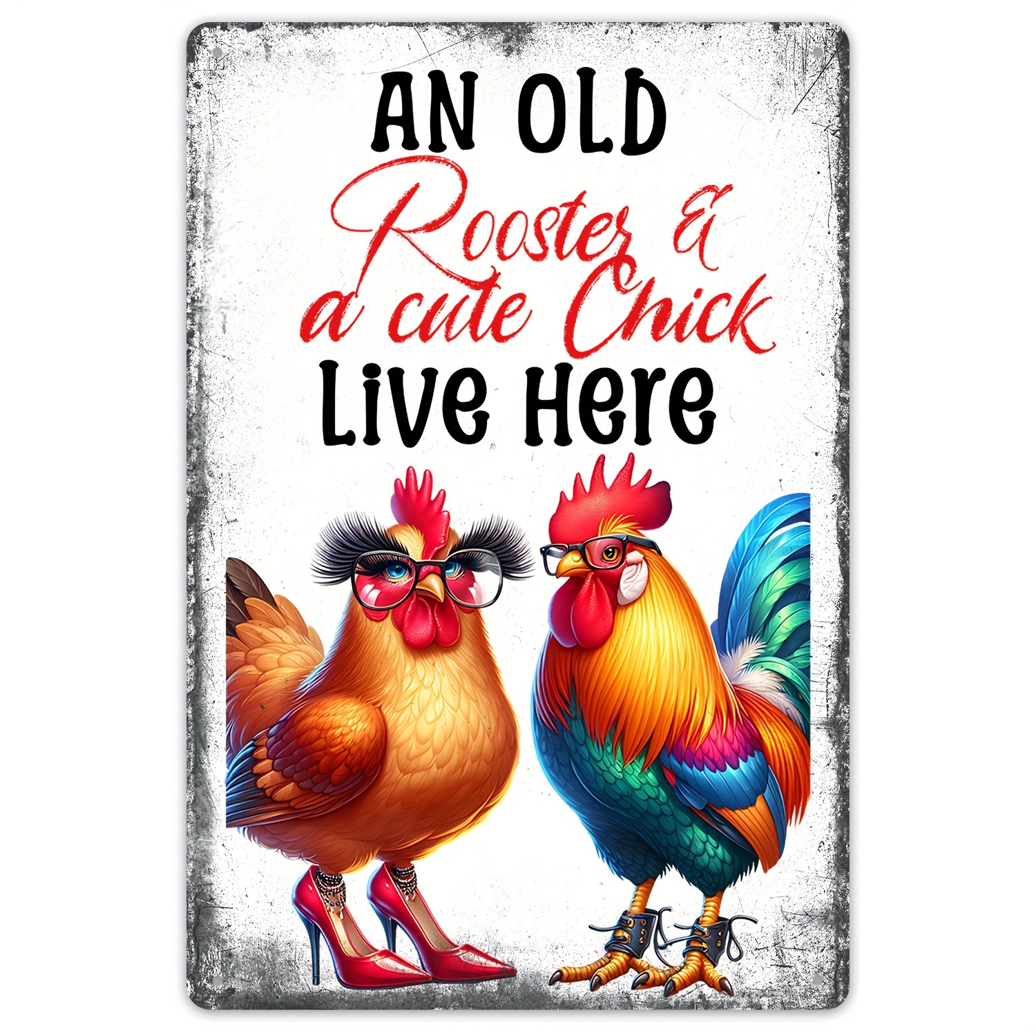 

Waterproof Metal Chicken Sign, Vintage Style "an Old Rooster & A Cute Chick Live Here" Wall Decor For Home, Guest Room, Office, Den - Pre-drilled, Weather-resistant, Durable - 1pc, 20x30cm