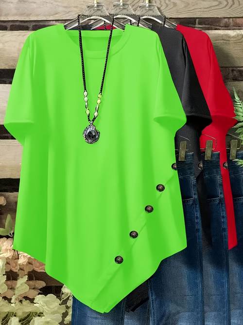 3pcs set of plus size loose fit short sleeve casual t shirts with button detail and asymmetrical hem round neck summer womens
