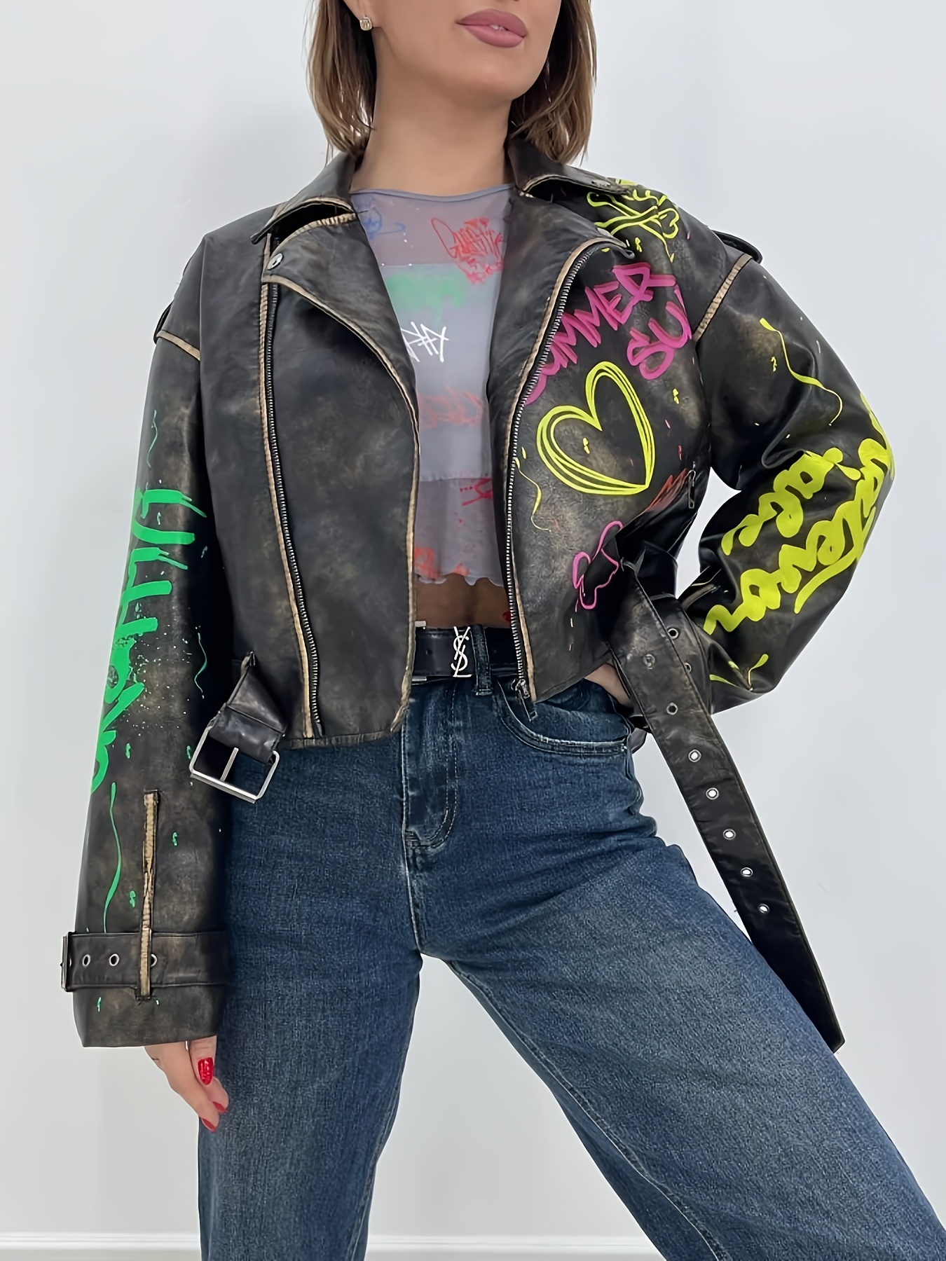 giacca casual in pelle donna stampa graffiti Temu Italy