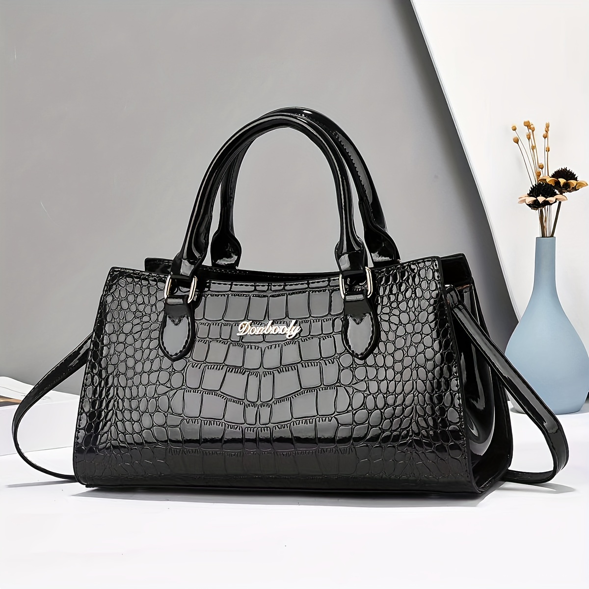 

Stylish Black Crocodile-embossed Women’s Handbag - Crossbody & Shoulder Bag With Adjustable Strap, Zip Closure & Wrist Strap, Lightweight For Use, Handbag | Fashionable Handbag | Detachable Strap