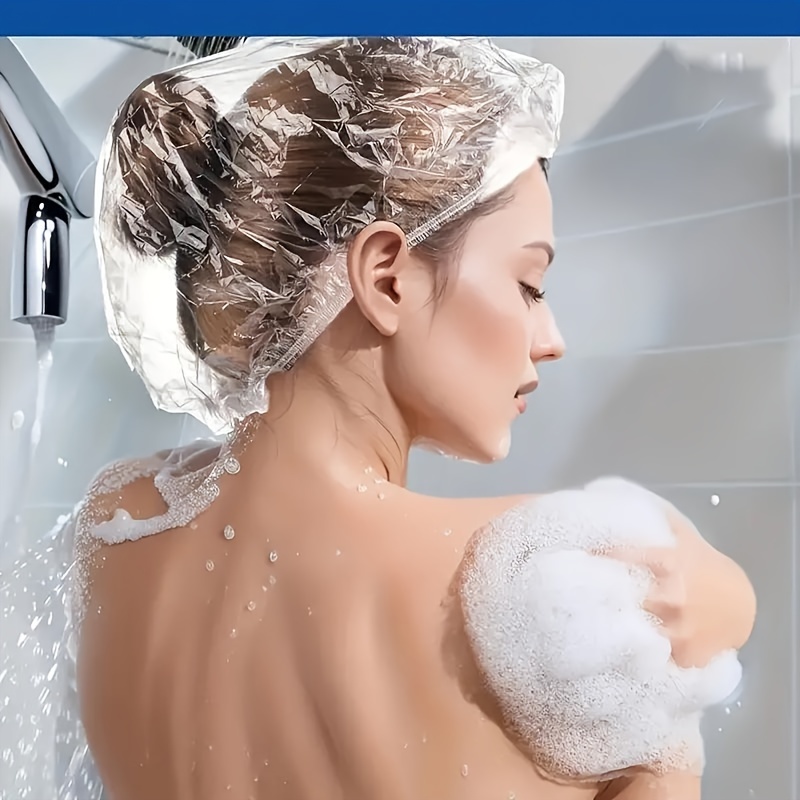 Pack of Multiple Disposable Stretchable Plastic Shower Caps, Multicolor, Elastic Bath Caps, PVC 100% Composition, for Travel and Home Use