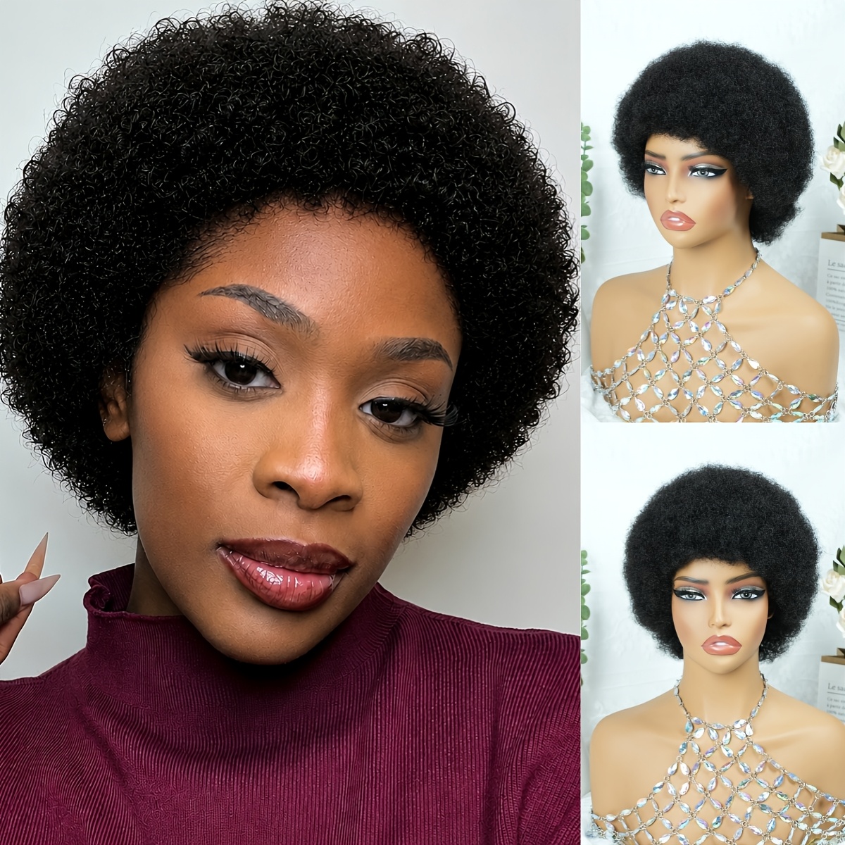 TEMU Perruque Afro Naturelle Noire Courte Style 4 Pouces en Vrais Cheveux Humains pour Femmes à Texture Bouclée Crépue, 180 % avec Bonnet à Filet