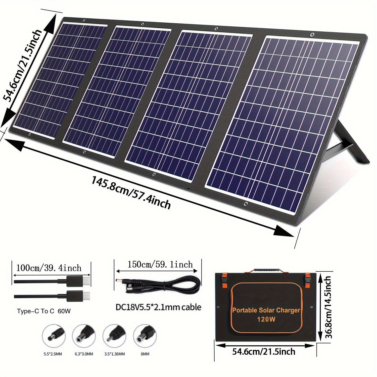 1pc、120W/18V ポータブルソーラーパネルキットスタンド付き折りたたみ式ソーラーパネル充電器 Jackery 発電所用、Type-C 60W  QC 3.0 USB DC ポート付き