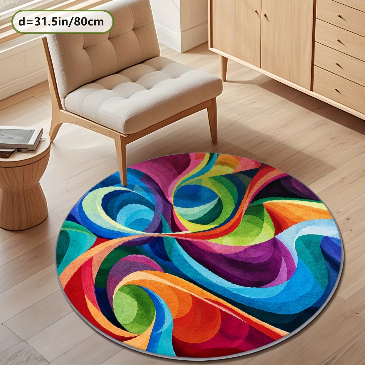 TEMU A Soft Plush Rug With A Dotted Plastic Bottom, Featuring A Colorful Fluid Texture In A Round Printed Pattern. This Festive Indoor Carpet Is Easy