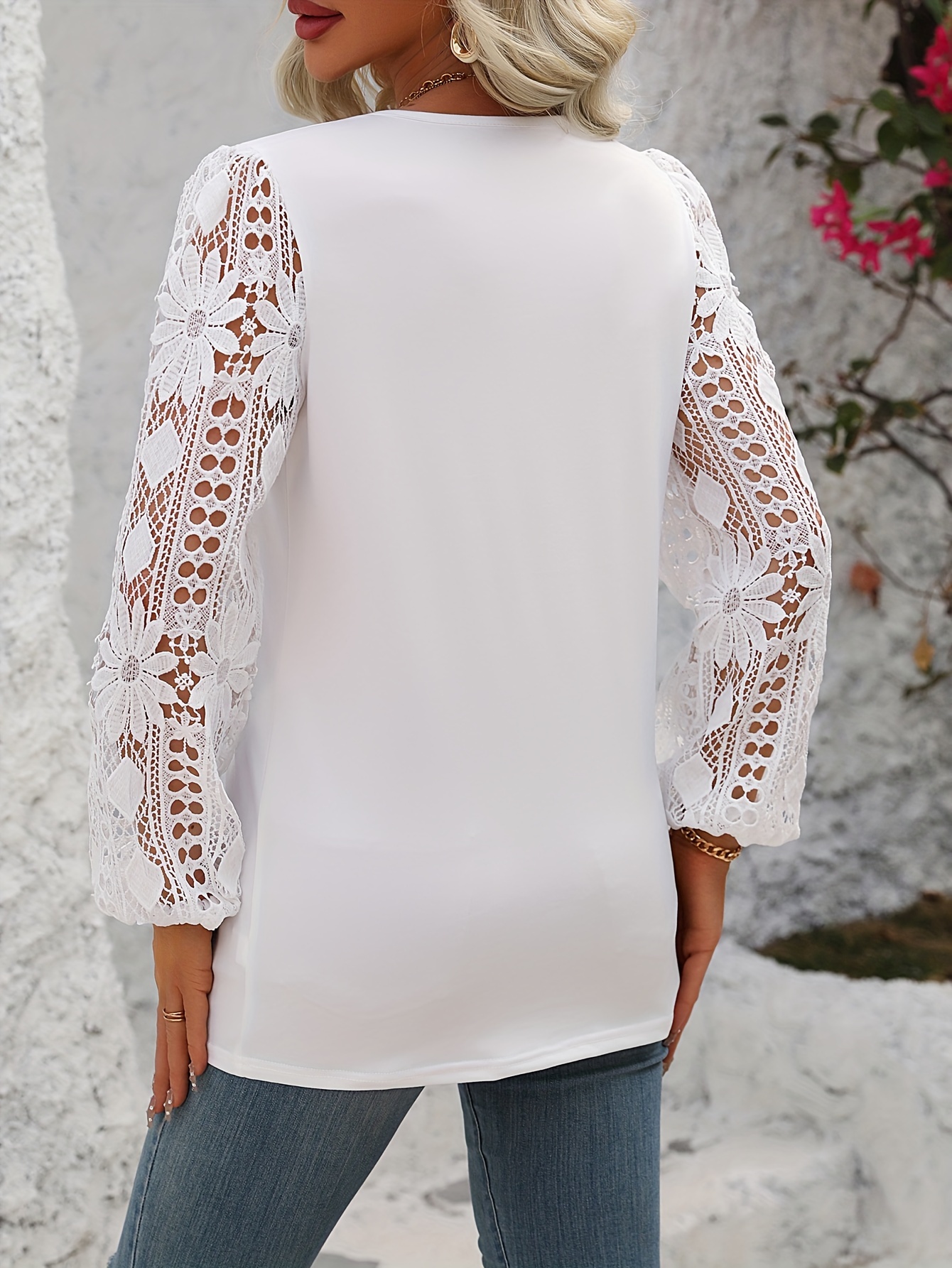 Lace Panel Skew Neck T shirt Casual Solid Color Lantern - Temu