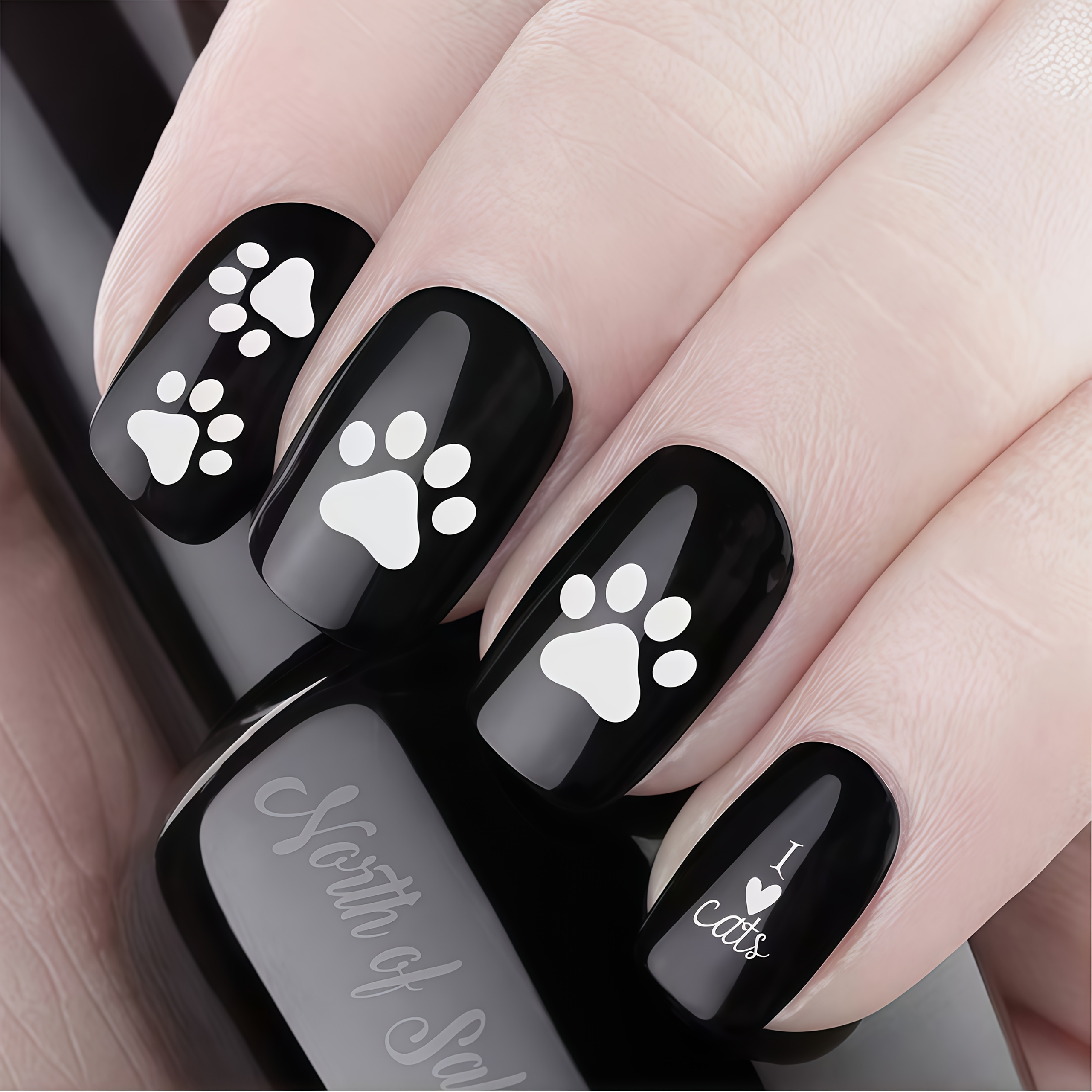 TEMU 24pcs Set Of Black And White Medium-length Square-shaped Press-on Nails With Solid Colors And Pet Cat/dog . Glossy, Detachable Nails Suitable For Daily Wear