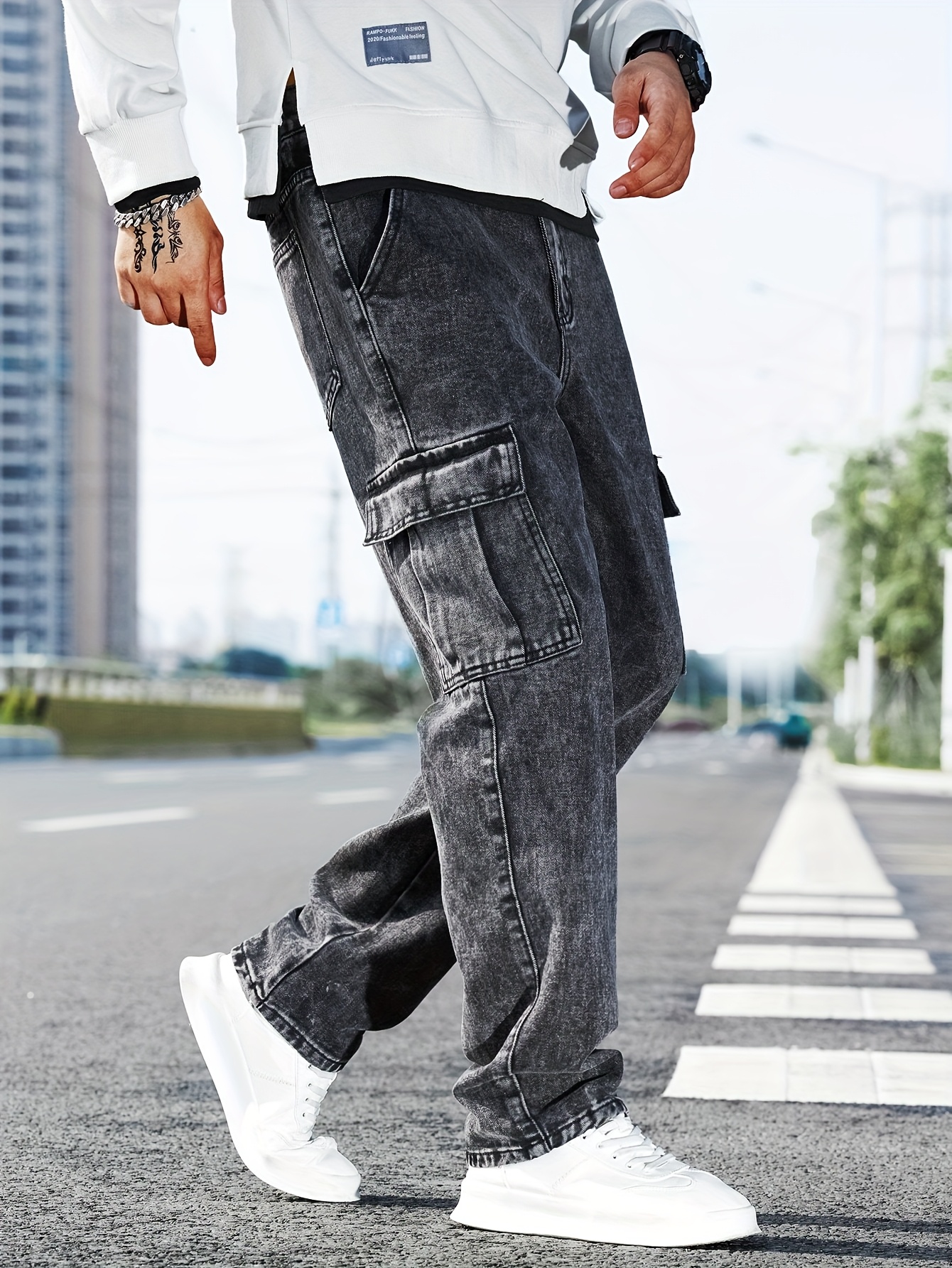 Men'S Casual Cargo Denim Jeans, Mid-Rise with Multiple Pockets, Medium Stretch Straight Leg Pants, All-Season Wear