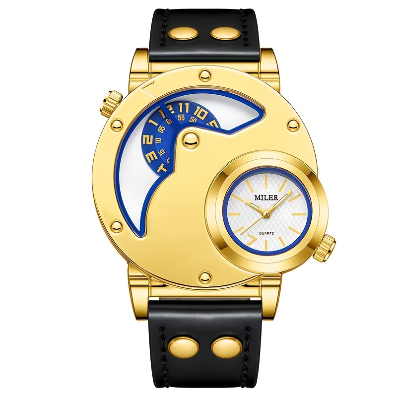 Elegant Men's Quartz Watch with Dual Time Display - Golden-Tone, Faux Leather Strap, Business Style