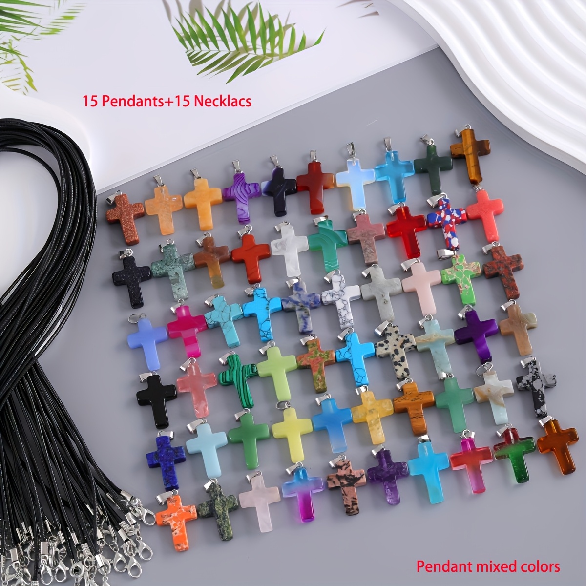 Image of 30pcs Mixed Glass Cross Pendant Set With Black Cord - Glass Jewelry, Perfect For Making, Ideal For Necklaces, Bracelets, And Earrings.