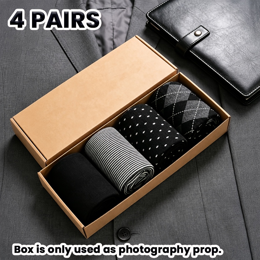 TEMU 4 Paires de Chaussettes Automne Hiver Style Affaires pour Homme, Idéales pour les Voyages d'Affaires, Rayées, à Pois, Motif à Carreaux Diamant,