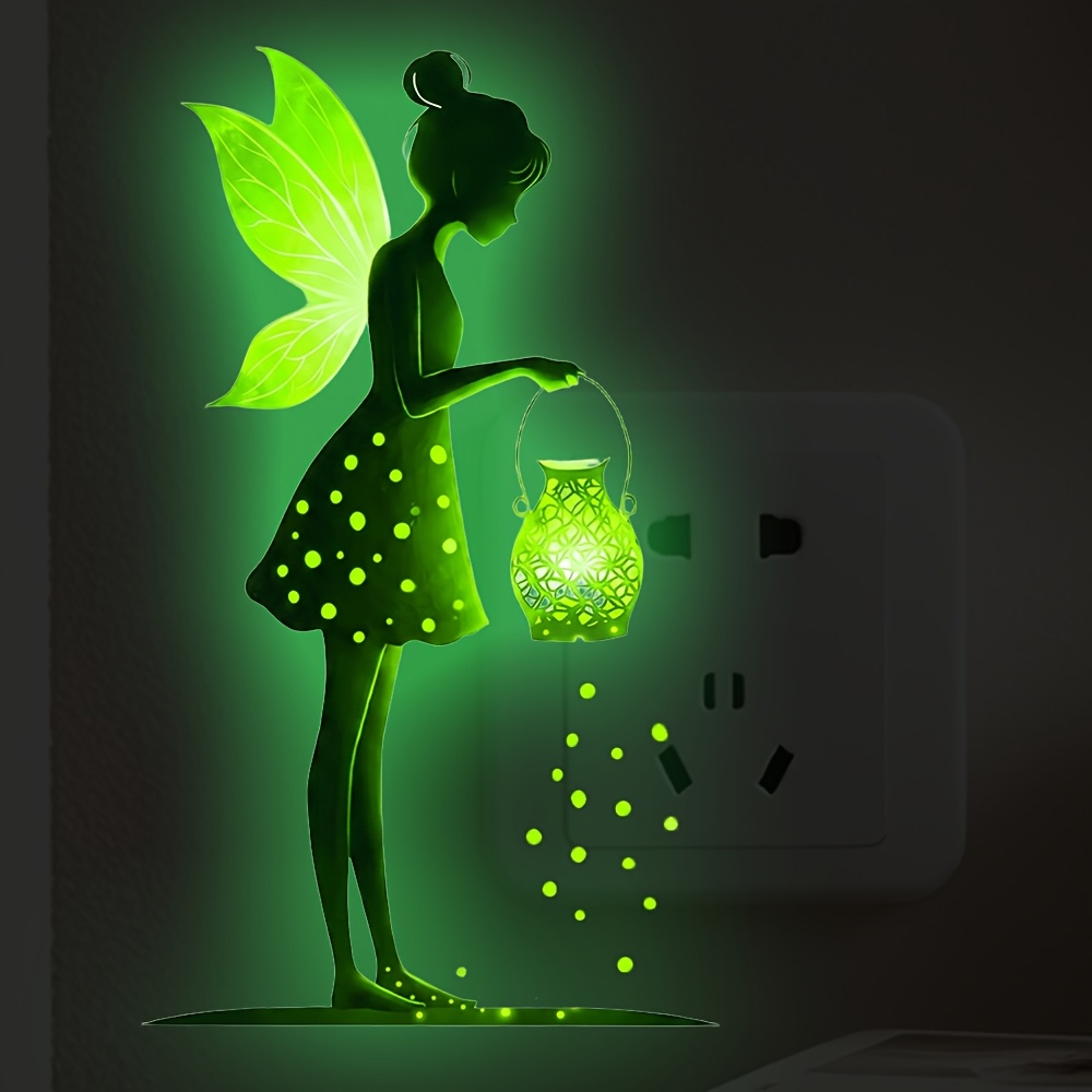 TEMU 1pc -the-dark Lantern Elf Wall Sticker, Green Fluorescent Fairy Silhouette Decal, Self-adhesive Wall Decor For Living Room And Bedroom Light