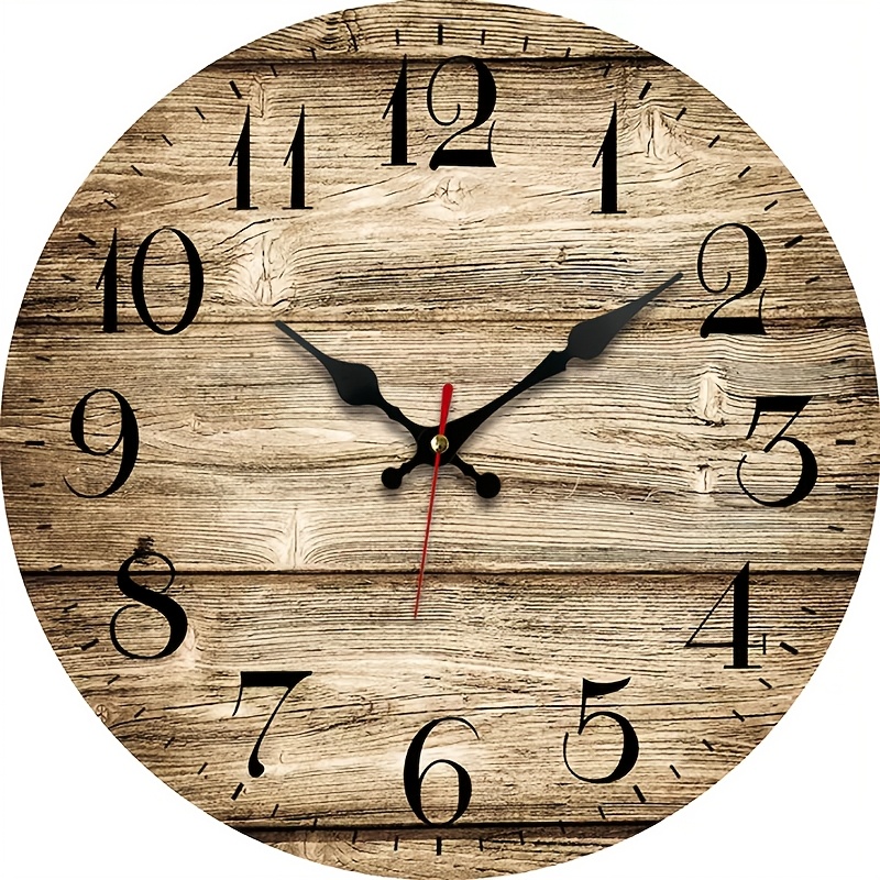 TEMU 1pc Rustic Wood Grain Silent Wall Clock - No Ticking, Decorative Round Wooden Clock With Weathered Look For Bedroom, Living Room, Office,