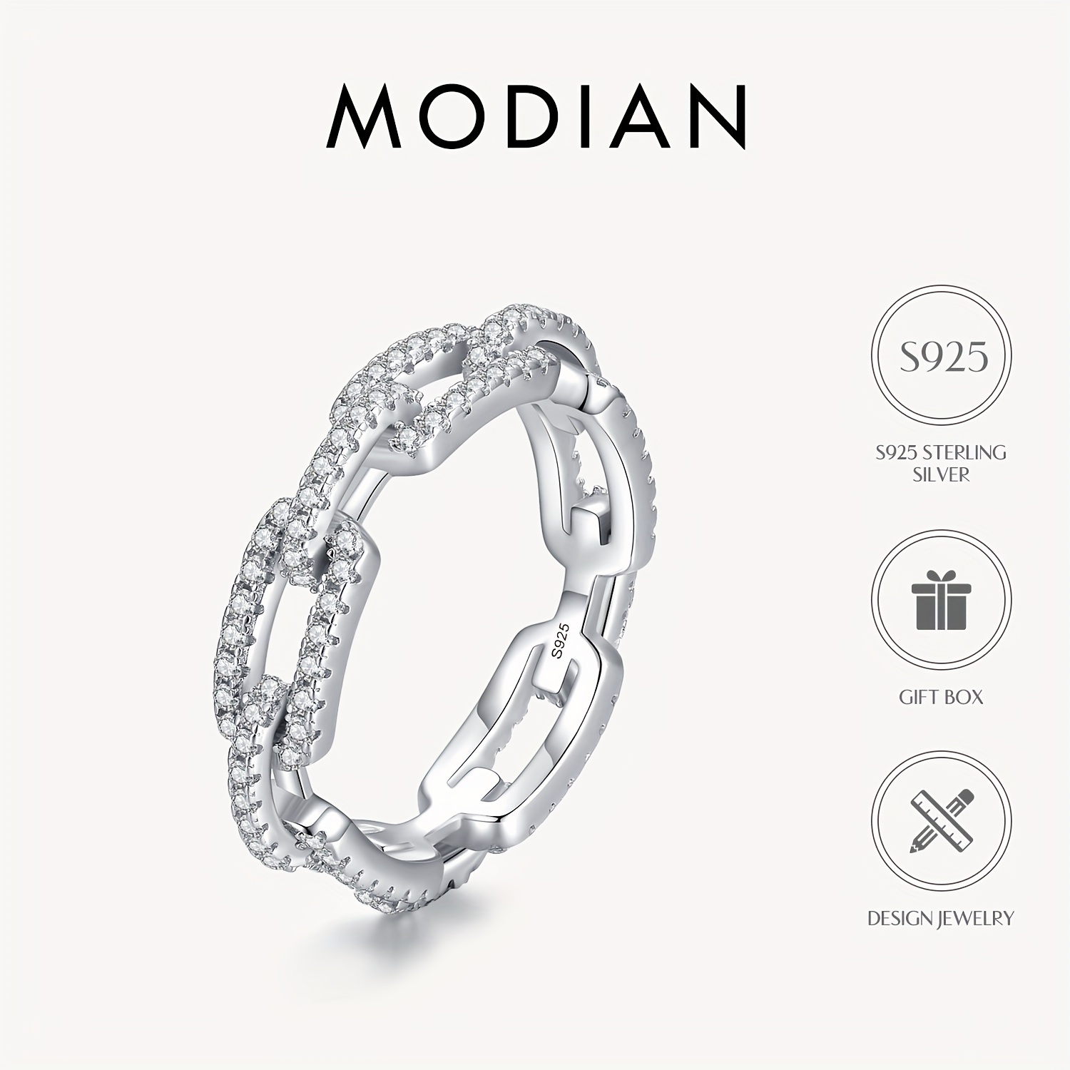 

Modian Chic Hip-hop Inspired 925 Sterling Silvery Ring With Sparkling Cubic Zirconia - Versatile & Stylish For Parties And Casual Attire