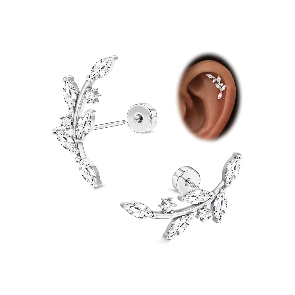 TEMU 1pc Exquisite Leaf-shaped Stud Ear Piercing, Fashionable Easy Niche Design, Suitable For Daily Wear, Holiday Gift