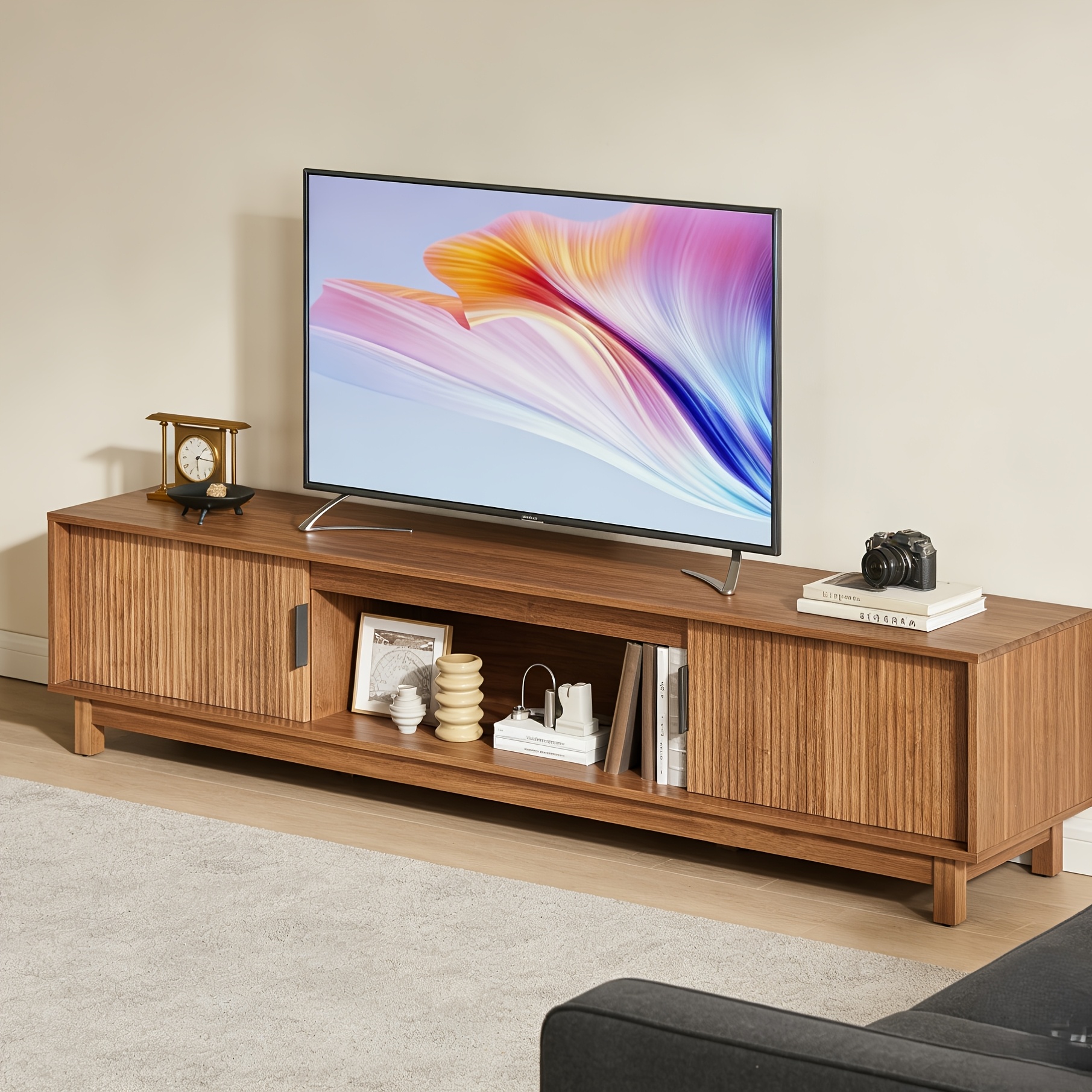 Mid-century Modern Tv Stand For 70" Tvs - Entertainment Center With Storage Cabinet, Adjustable Hinges And Wood Room, Office