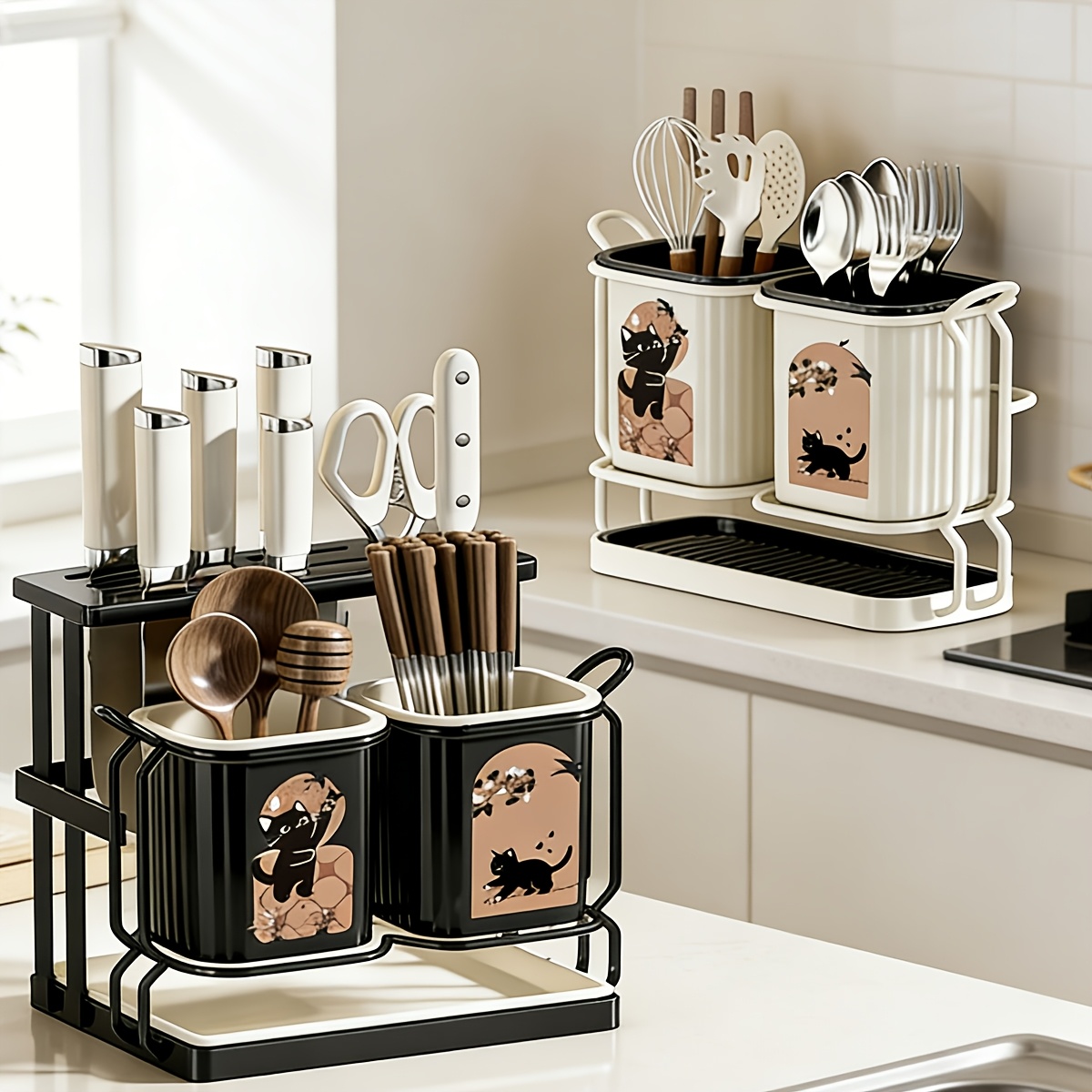 1pc carbon steel kitchen utensil knife organizer with 2 utensil buckets 2 in 1 countertop wall mounted storage rack detachable drip tray cute cat   durable ideal for storing knives chopsticks spoons forks cooking tools