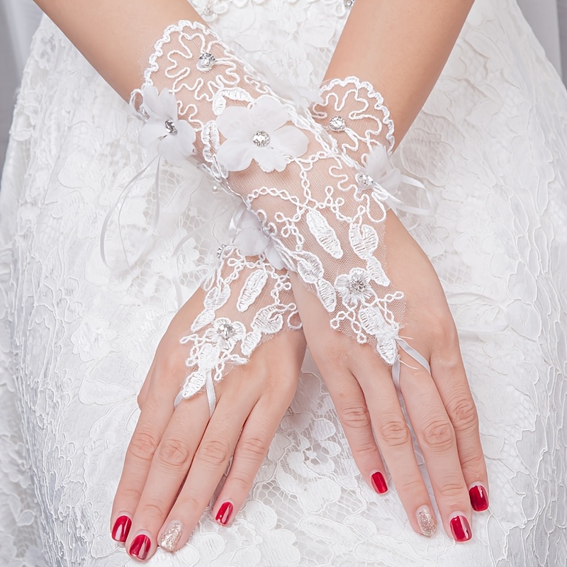TEMU Elegant White Gloves With 3d Flowers & Rhinestone Embellishments - /korean Style Wedding Gloves Suitable For Brides, Prom, Special Occasions,