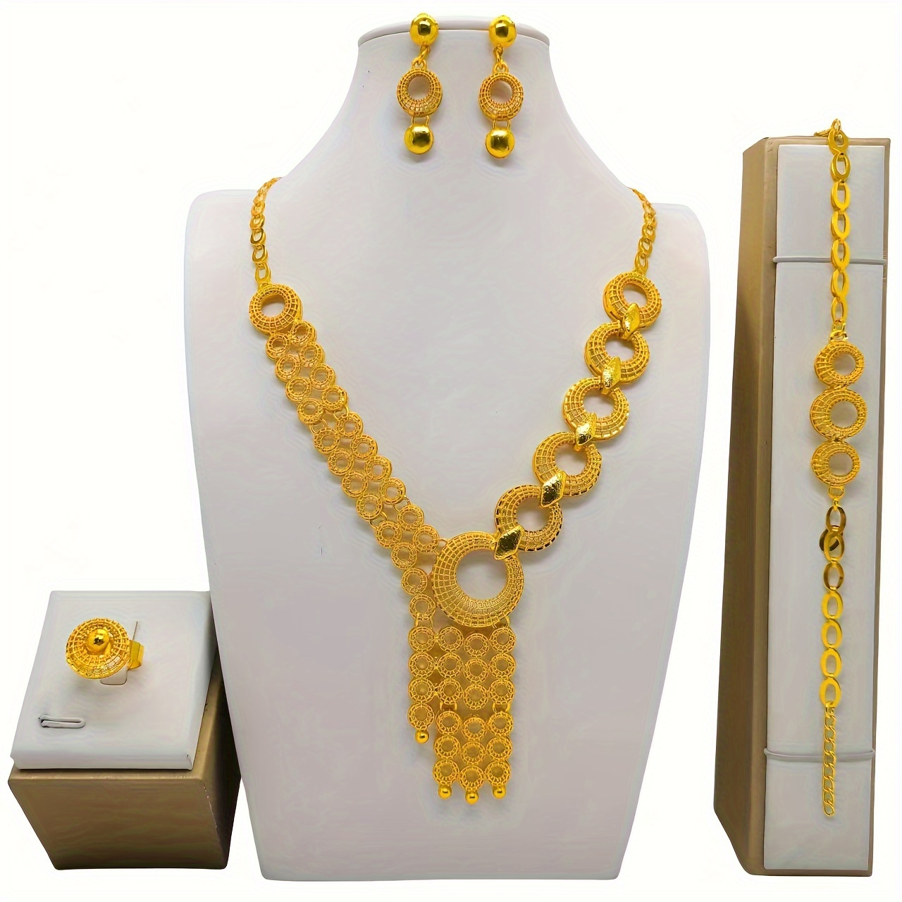luxury middle eastern indian jewelry set bridal banquet festive alloy accessory 4 piece set with necklace bracelet earrings ring indian style luxury fashion gifts for eid details 0
