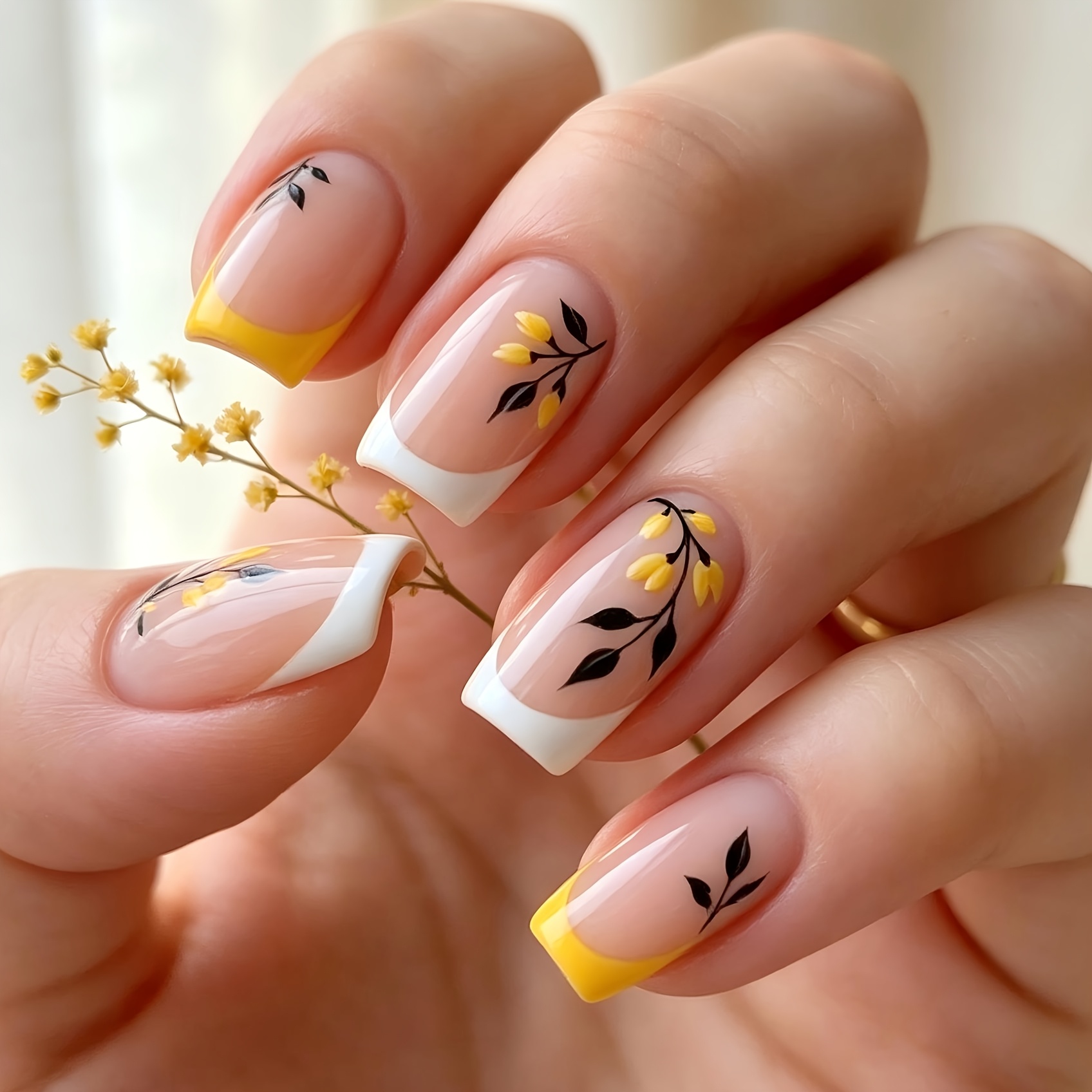 TEMU Lot de 24 faux ongles press-on à bout français pour femme, bec de canard, longueur moyenne, carrés, avec motif de branche et de feuille peint à