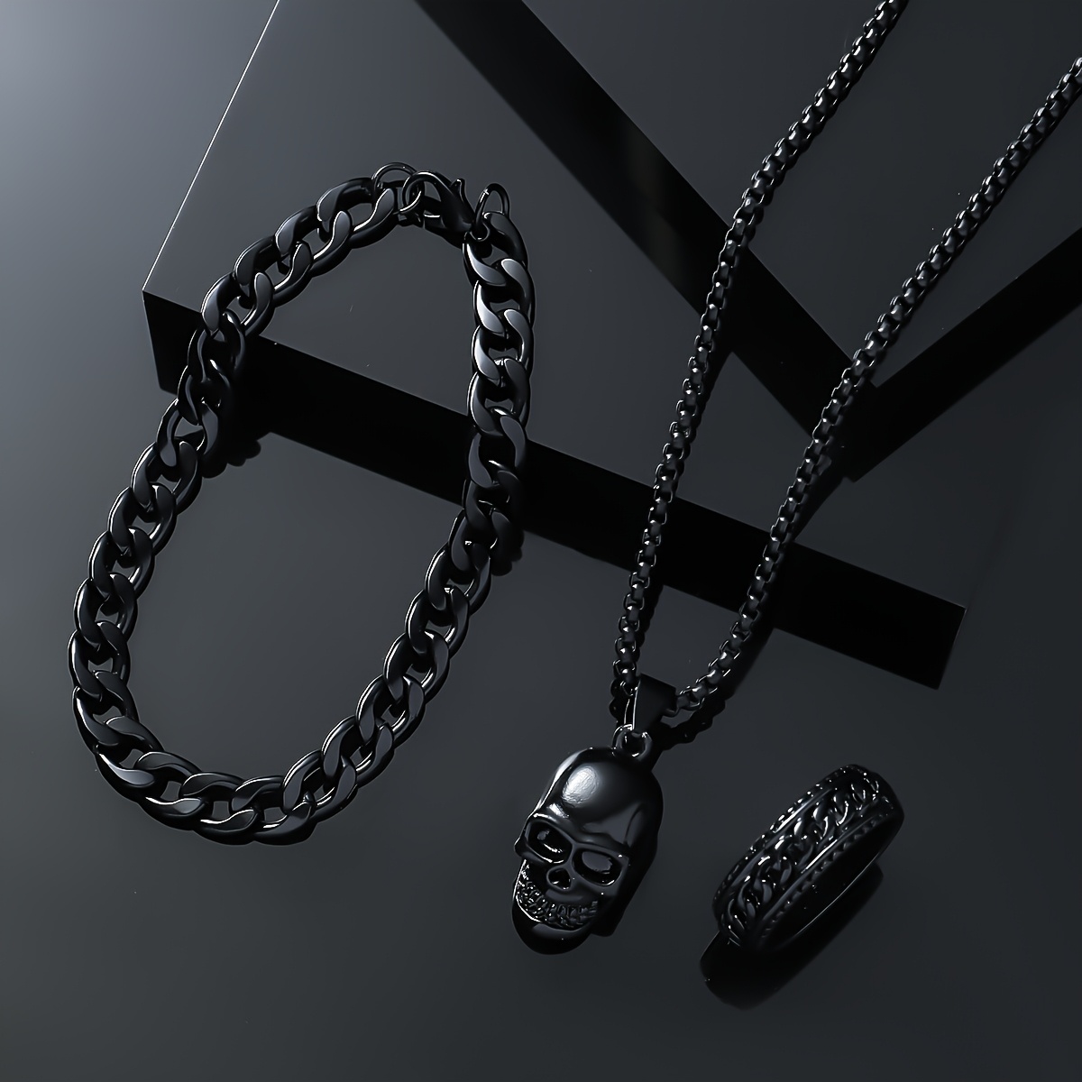E-shop 3-teiliges Herren Punk Schmuck Set - Hip Hop Totenkopf Anhänger Halskette und Ring, Kubanische Kette Armband Perfektes Geschenk für Ihn zum