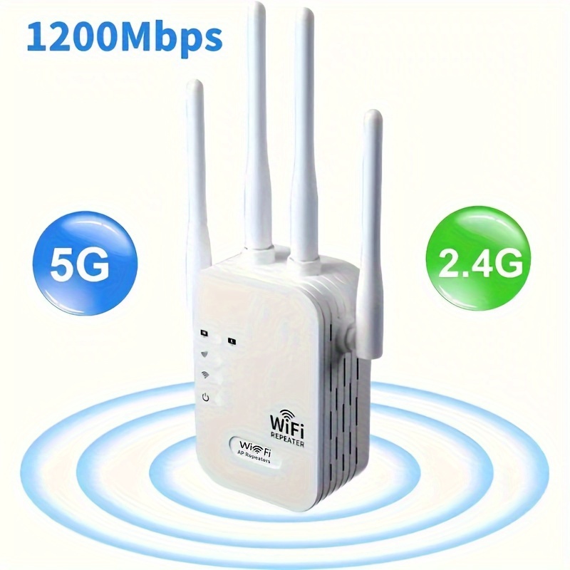 WIFI Genişletici, Sinyal Güçlendirici, 1200Mbps 2.4＆5GHz Çift Bant, WiFi Güçlü Sinyal Penetrasyonu 35 Cihaz 4 Mod 1-TIK Ayrımı, 4 Anten 360° Tam Kapsama, Ev, Ofis, Alışveriş Merkezi, Kafe ve Diğer Yerler İçin Uygun Ethernet Portu Desteği