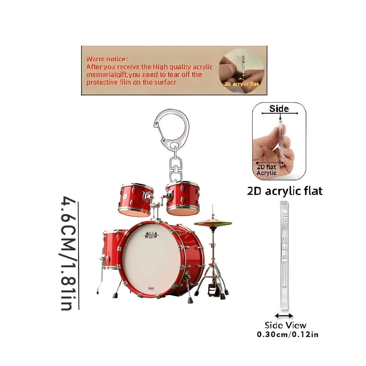 TEMU Portachiavi 2D piatto, 1 pz. con motivo di batteria, divertente portachiavi multifunzionale piatto 2D in acrilico, decorazione per portachiavi,