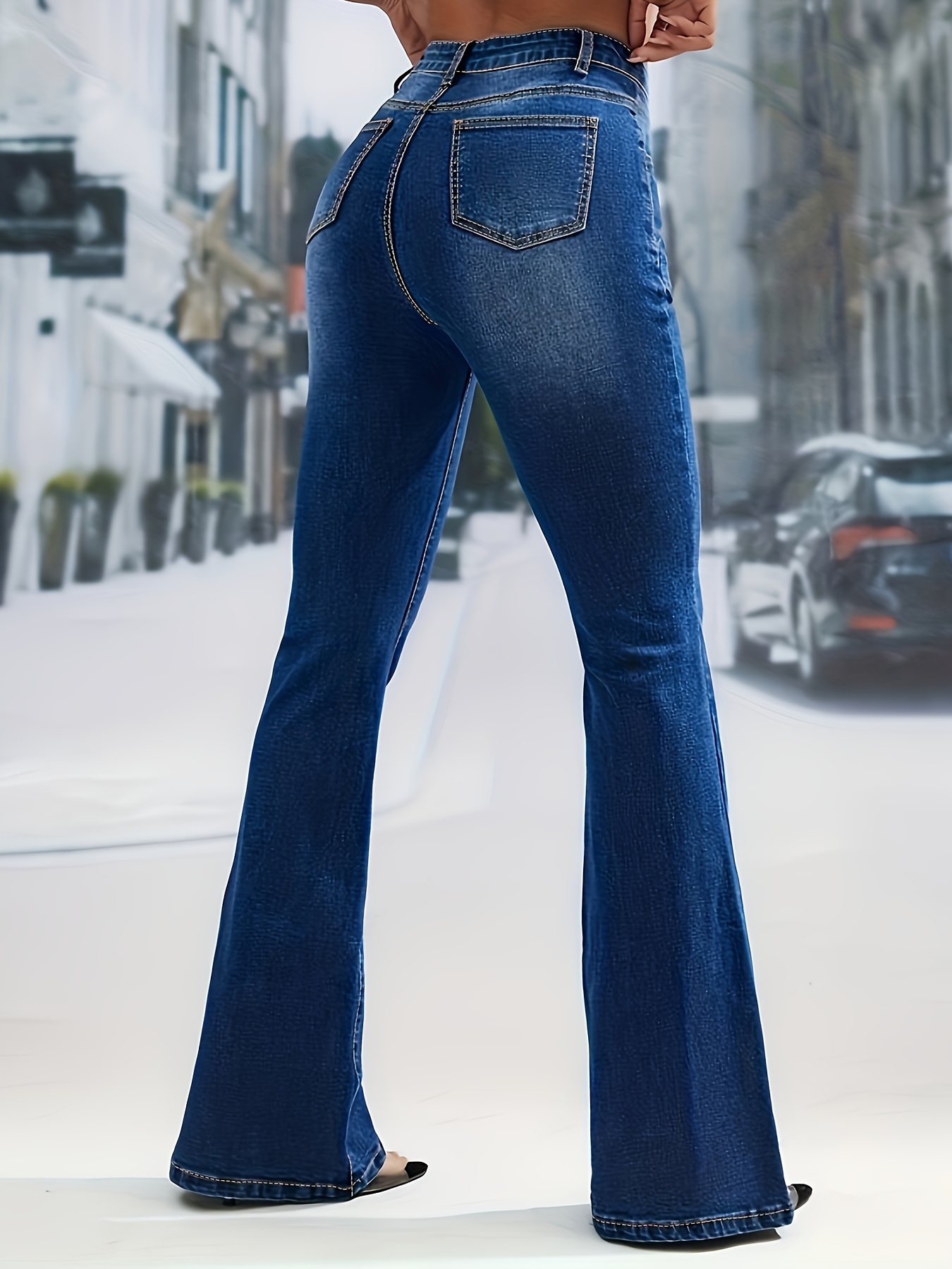 Jeans Acampanados De Cintura Alta Azul, Pantalones De Mezclilla Con  Bolsillos Oblicuos Y Botón De Campana En La Parte Inferior, Jeans Y Ropa De  Mezcli