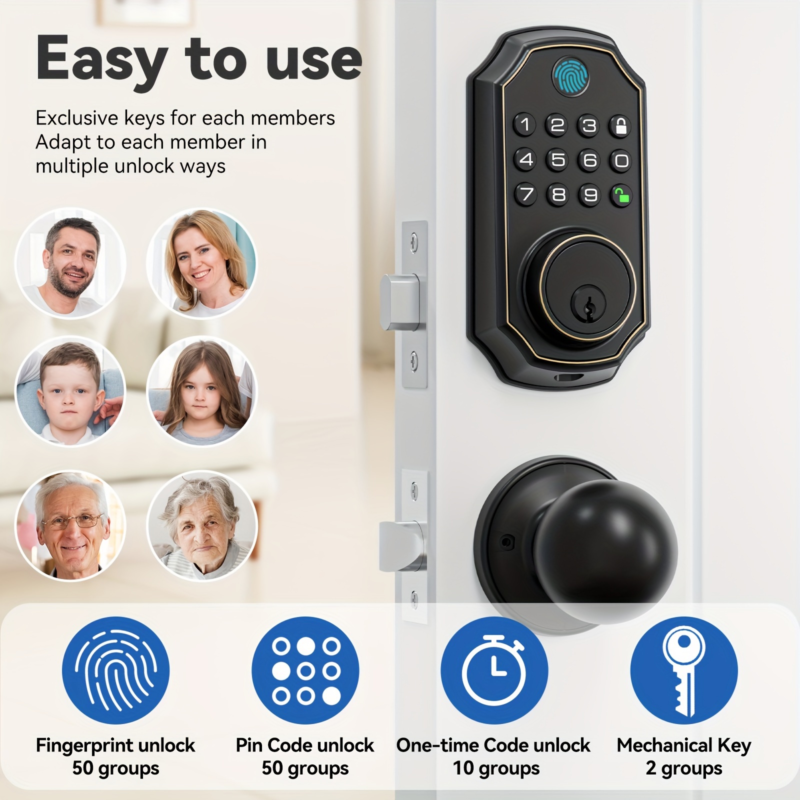 

1 Set Door Lock With Handle Knob - Entry Smart Deadbolt Lock For Front Door With Handle - , , One-, 2 Mechanical Keys - Keypad - Voice - - And Programming