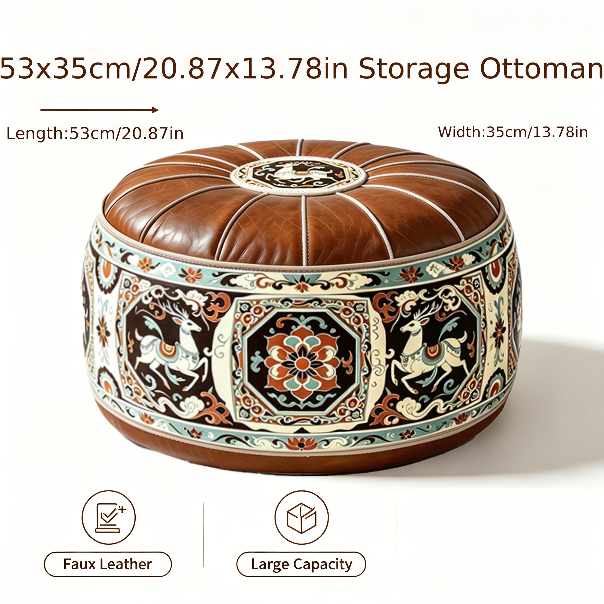 TEMU Round Storage Ottoman, Vintage Ethnic Print Multifunctional Storage Footrest Stool, Large Capacity Organizer For Living Room Bedroom Entryway, 1