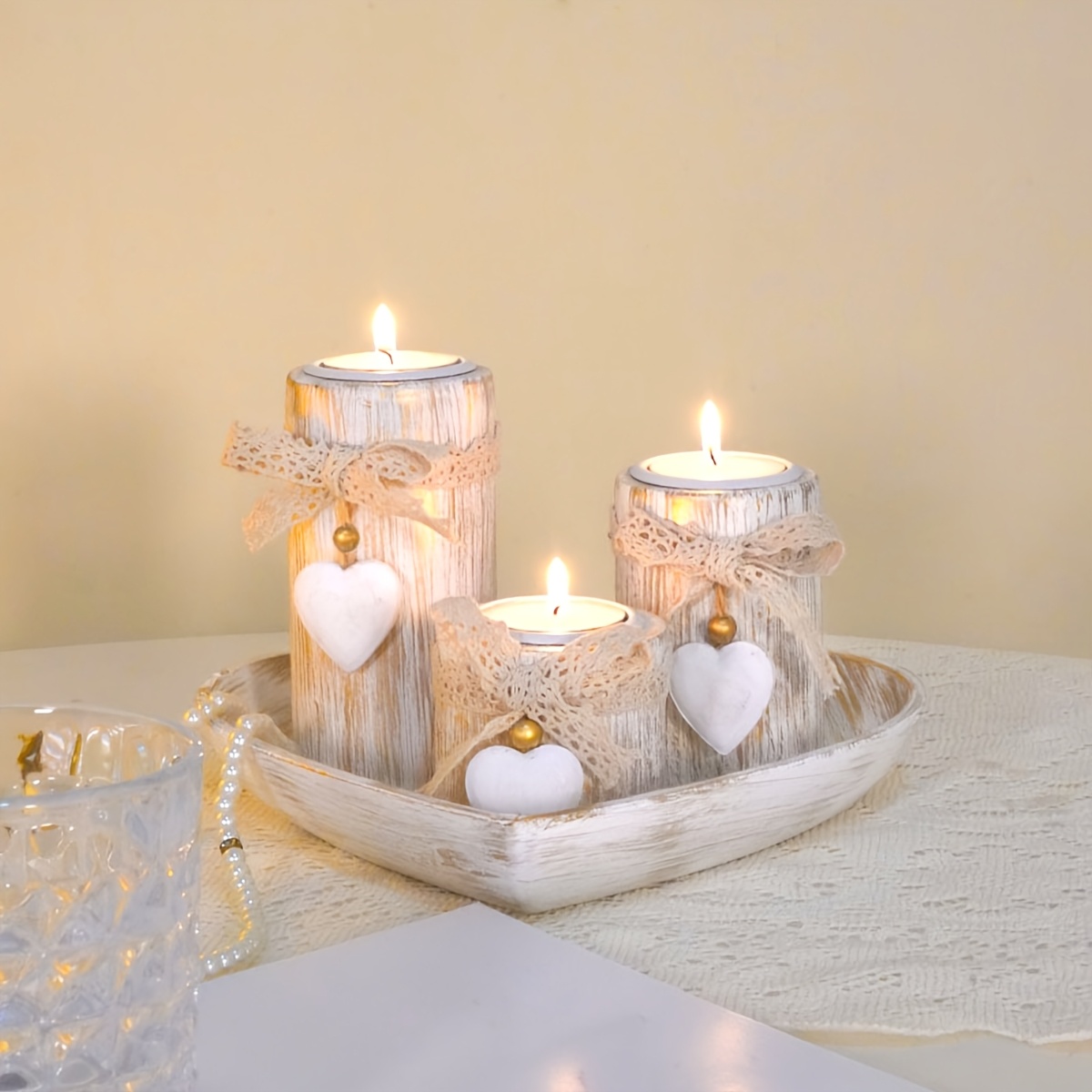 1 set white wooden candle holder set tea lamp candlestick - Temu