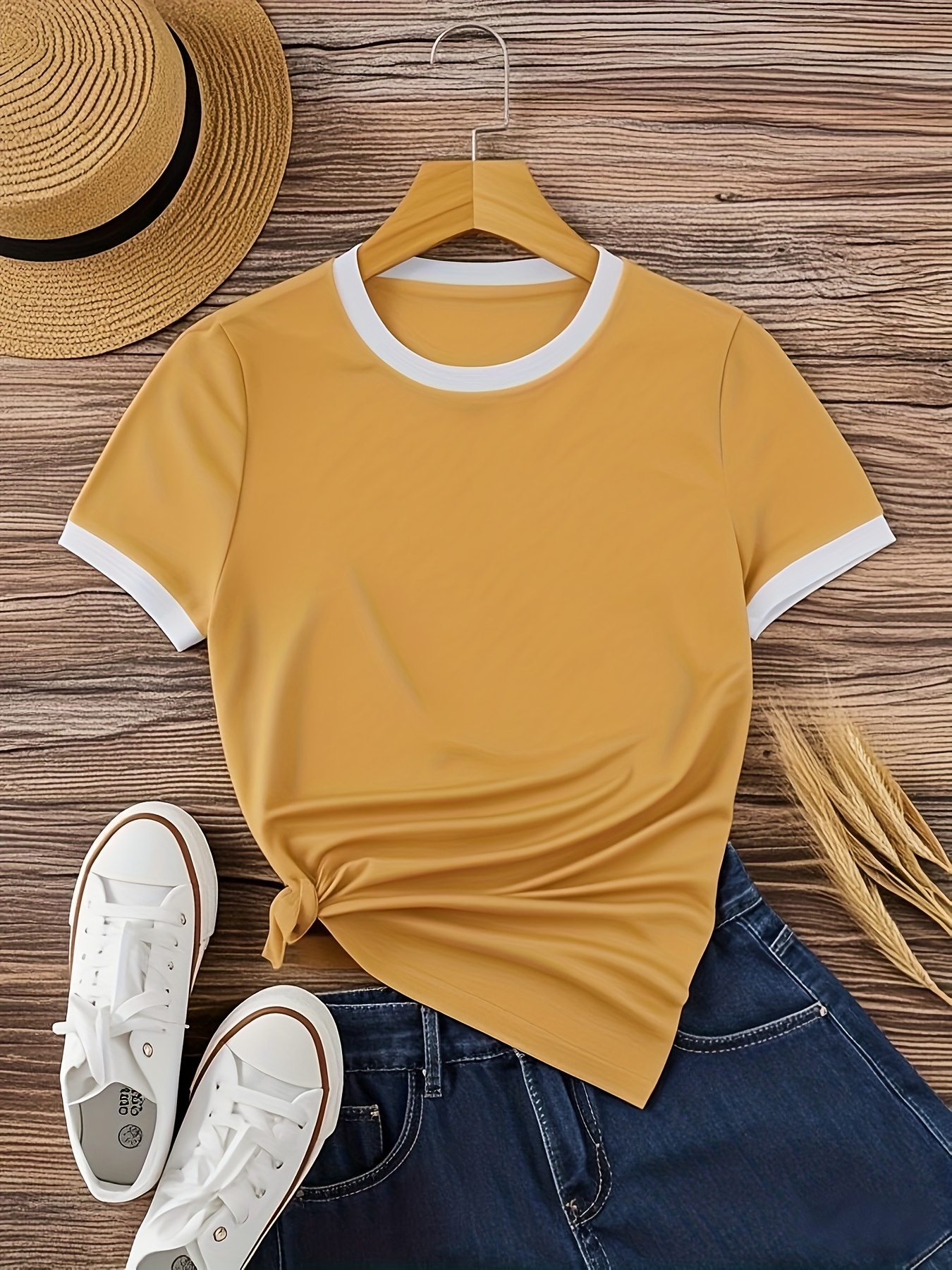 Contrast Trim Short Sleeve T-shirt, Casual Crew Neck Top For Spring & Summer, Women's Clothing