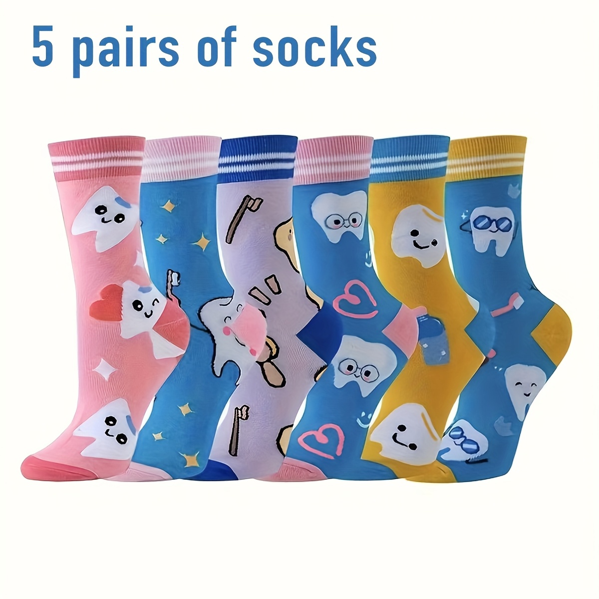 

5 Pairs Of Women's Fashionable And Stylish Comfortable Oral Care And Teeth Cleaning Tools Pattern Suitable For , Casual Long Socks