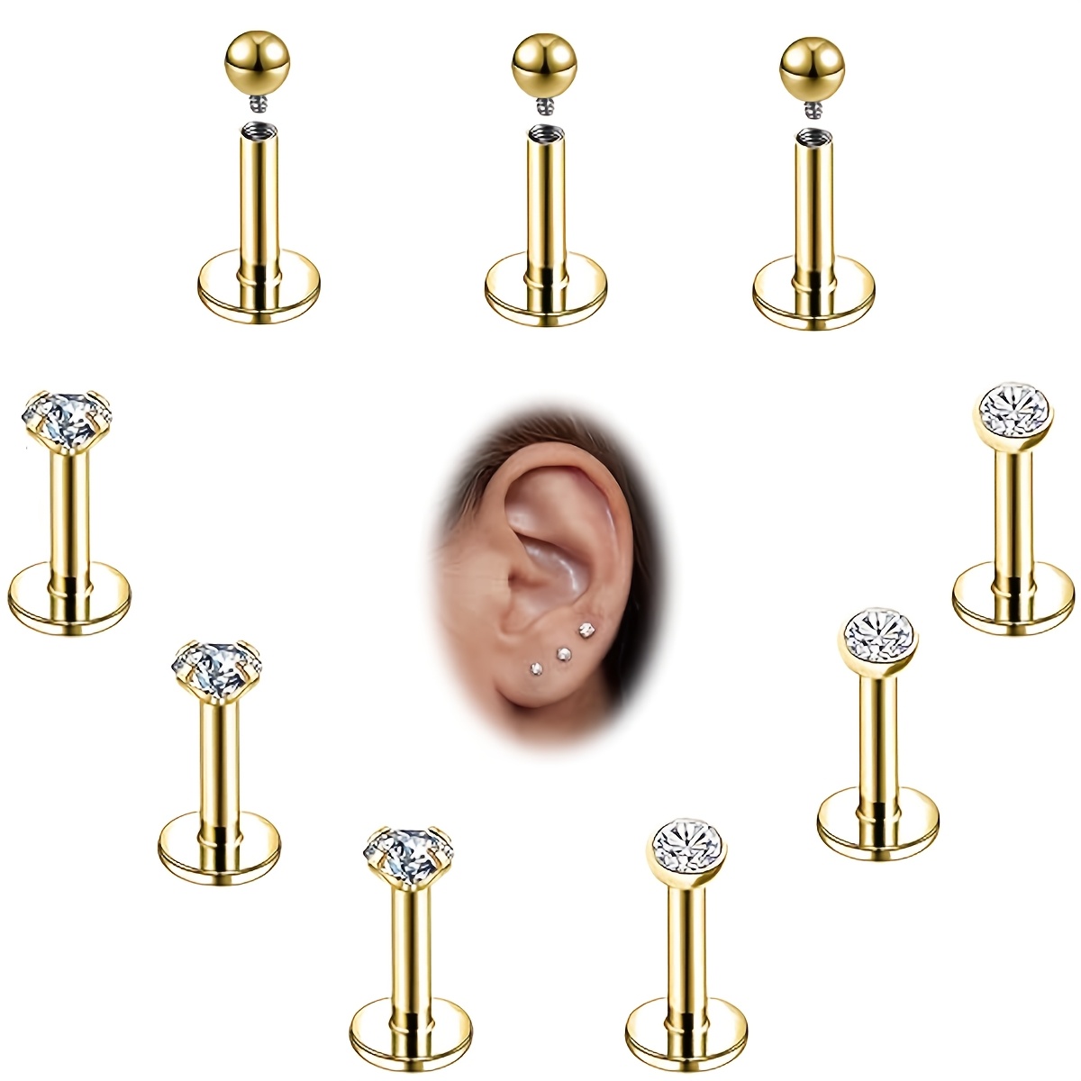 TEMU 9pcs Lip Stud Set 304 304 304 Stainless Steel Surgical Piercing Jewelry For Face Piercing Jewelry Hypoallergenic Tragus Nose Men Women Universal