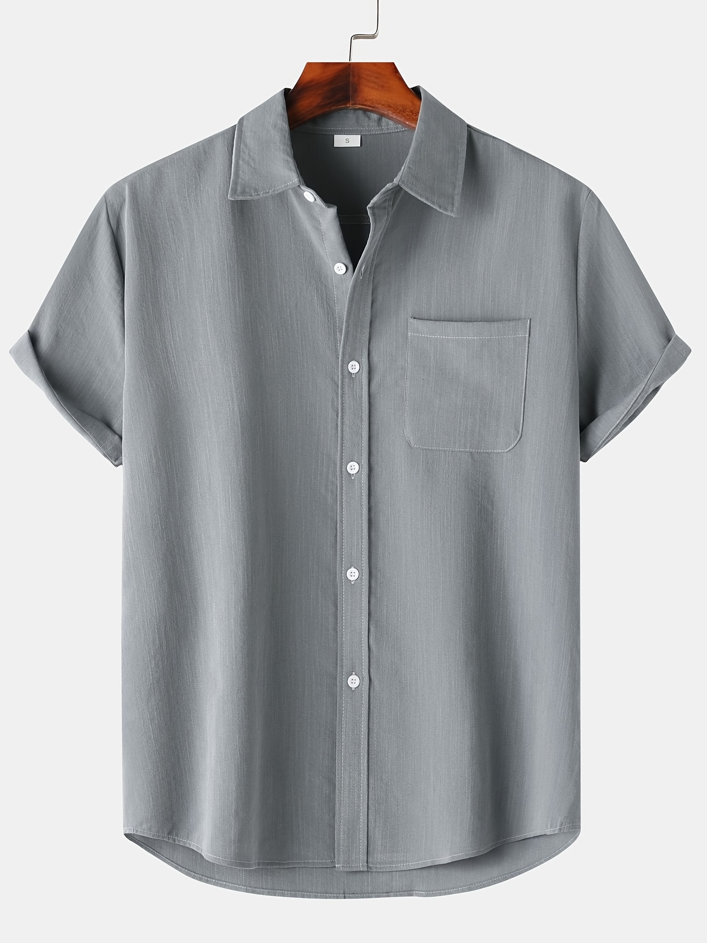 men's casual brown short sleeve shirt pocket loose fit non