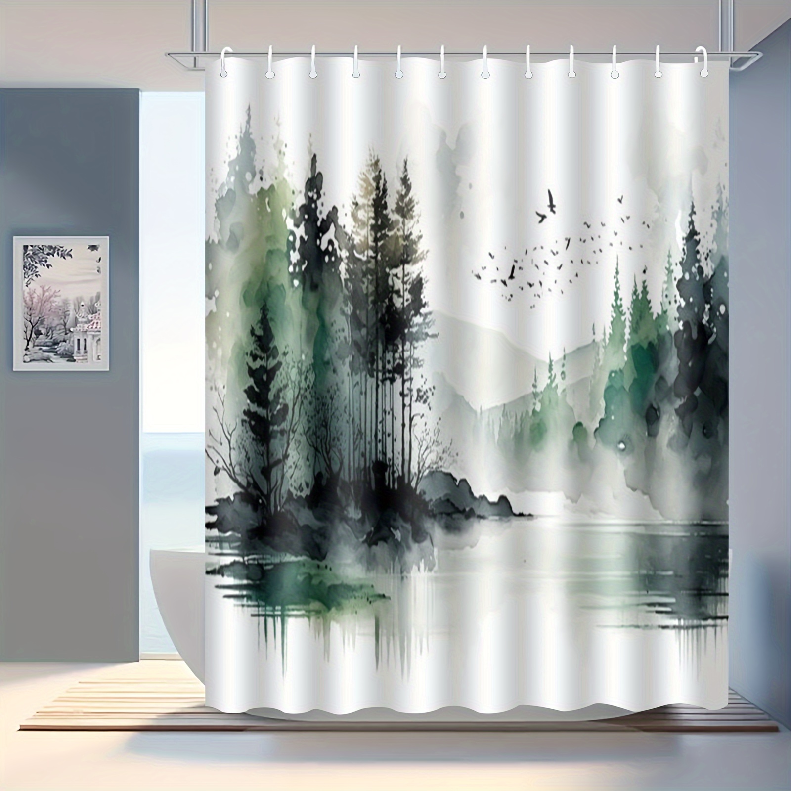

[top-] 1pc, Ink Painting Pattern Shower Curtain, And Curtain Plastic , - Curtain, Bathroom Decoration Set, , Bathroom Shower Curtain, Free , Bathroom Accessories, Decoration