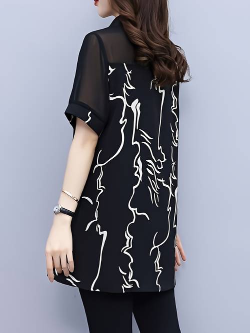 short sleeve mesh printed top casual collar style