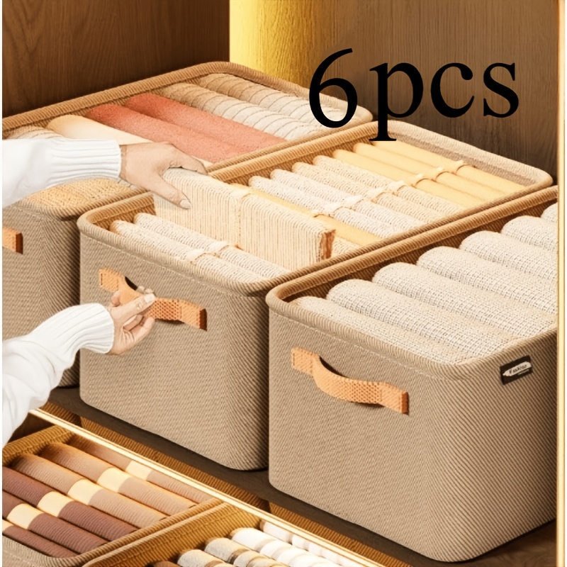 TEMU 6pcs Extra Large Stackable Storage Bins | Heavy-duty And Fabric Bins - With Sturdy Handles, Rectangular Design, Space-saving Storage Bins, Khaki
