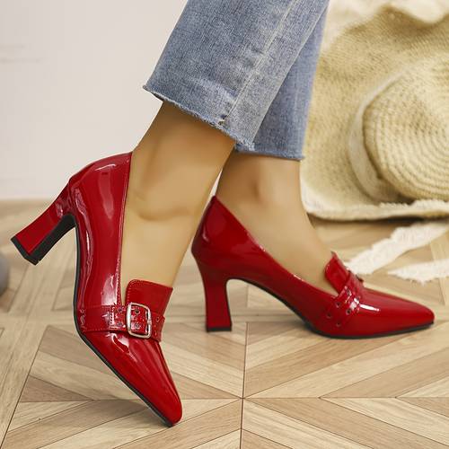 womens retro high heel pumps glossy red pointed toe summer shoes with chunky block heel synthetic cover tpu sole for casual formal occasions casual attire heels secure closure