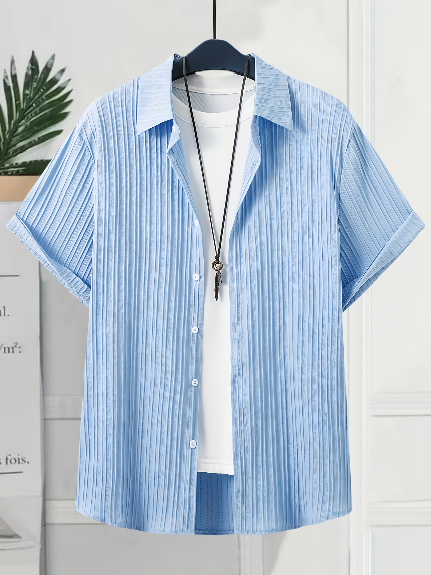 Men's Lightweight Summer Casual Shirt - Mint Green Solid Color Short Sleeve Button-Up with Pointed Collar, 95% Polyester 5% Spandex, Machine Washable Regular Fit for Adults & Teens, PLUS SIZE