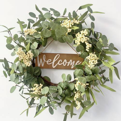 1pc elegant 20 spring summer artificial eucalyptus wreath with wooden welcome sign greenery white berries ideal for front door home office outdoor decorations eucalyptus decor
