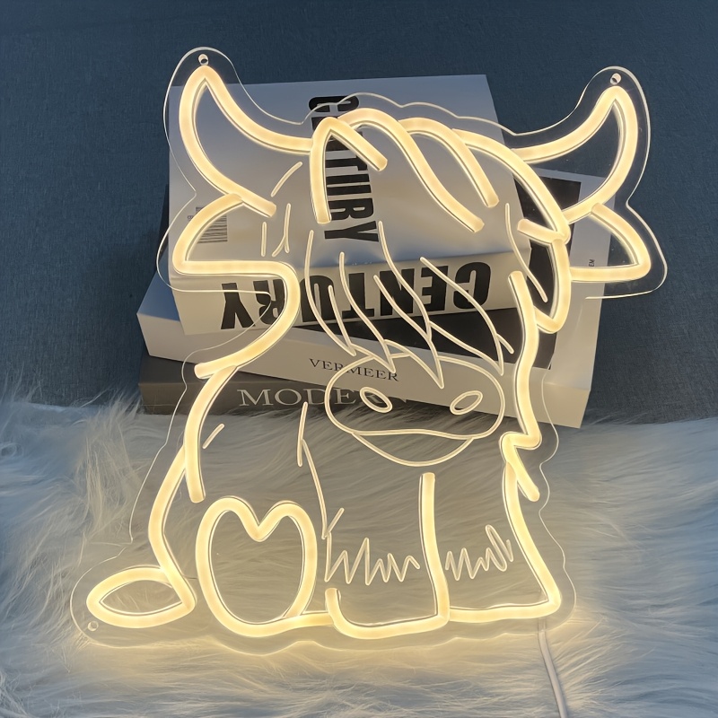 TEMU Cute Highland Cow Neon Sign, Cartoon Led Neon Wall Light, Usb Powered Farm Animal Wall Hanging Lamp For Bedroom Dorm Farmhouse Bar Western Home