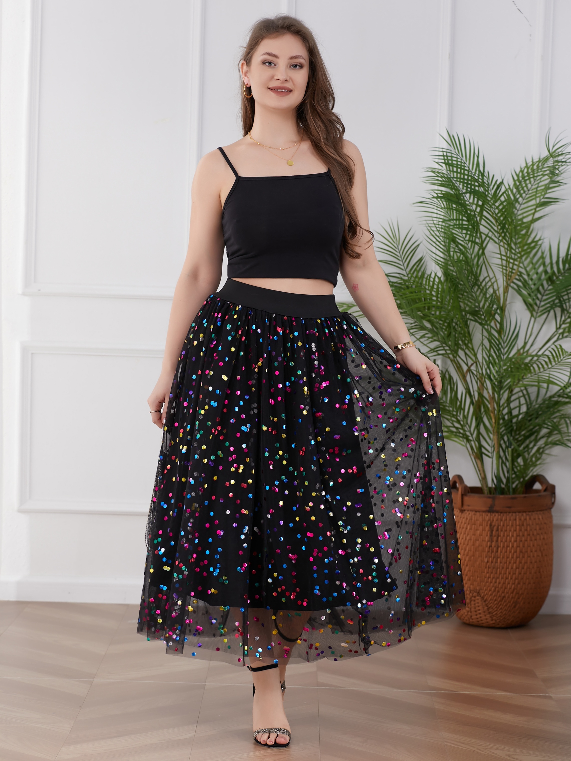 Plus Size Polka Dot Print Mesh Skirt Casual High Waist Pleated Midi Skirt Women s Plus Size Clothing