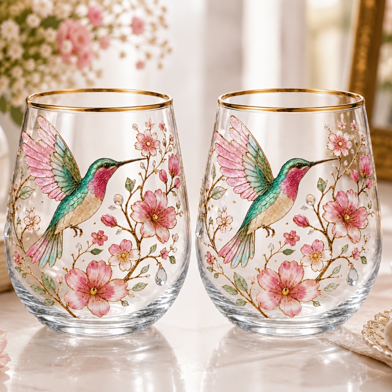 TEMU 2pack 540ml 18.26oz Hummingbird Floral Glass Coffee Mugs, Heat & Cold Resistant Beverage Cups For Home Office Table Decor, Christmas Halloween
