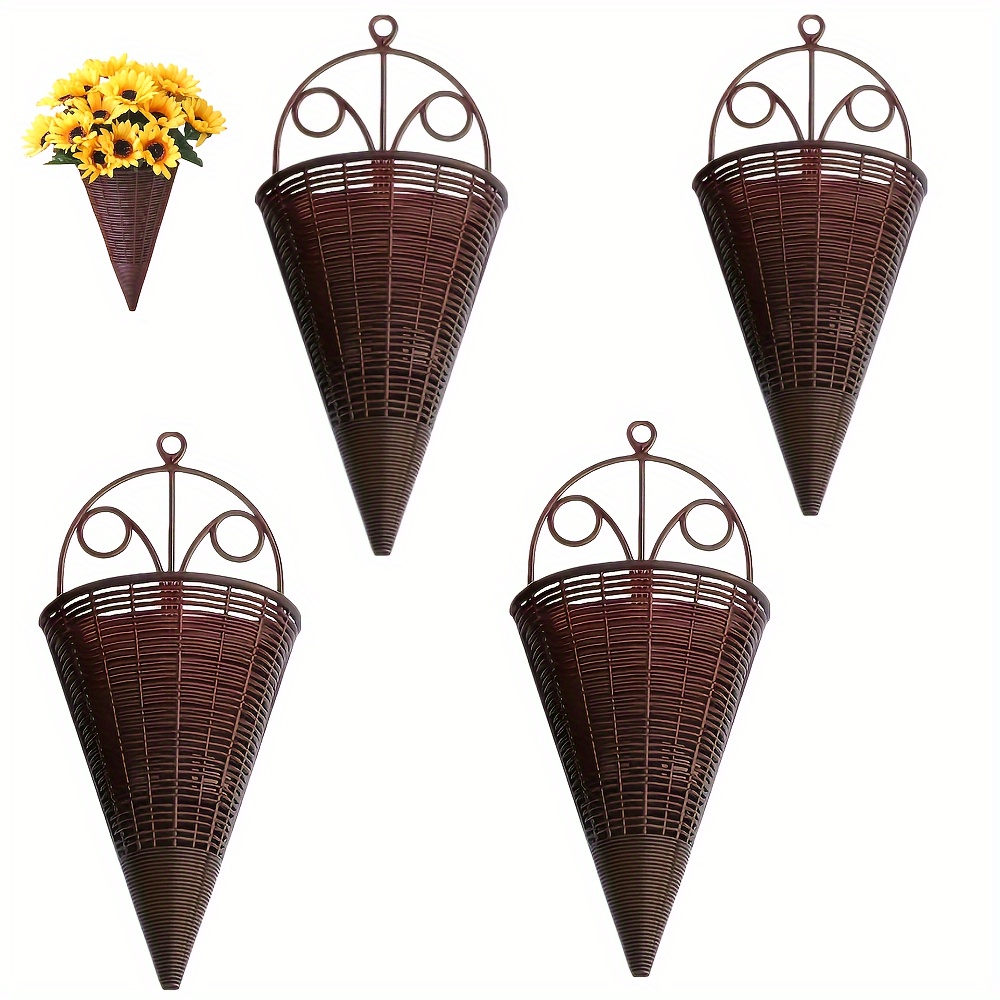 

2/4pcs Creative Simulation Hanging Vase Flower Basket, Triangle Wall Art Rattan Woven Wall Hanging Flower Device, Indoor Decoration Hanging Basket Flower Pot Holder