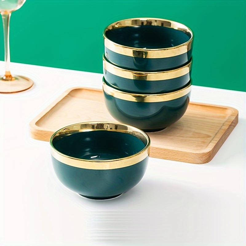 4pcs 4.5inch Turquoise Ceramic Rice Bowl With Gold Edge, Light Luxury High-end Tableware For Home And Commercial Use