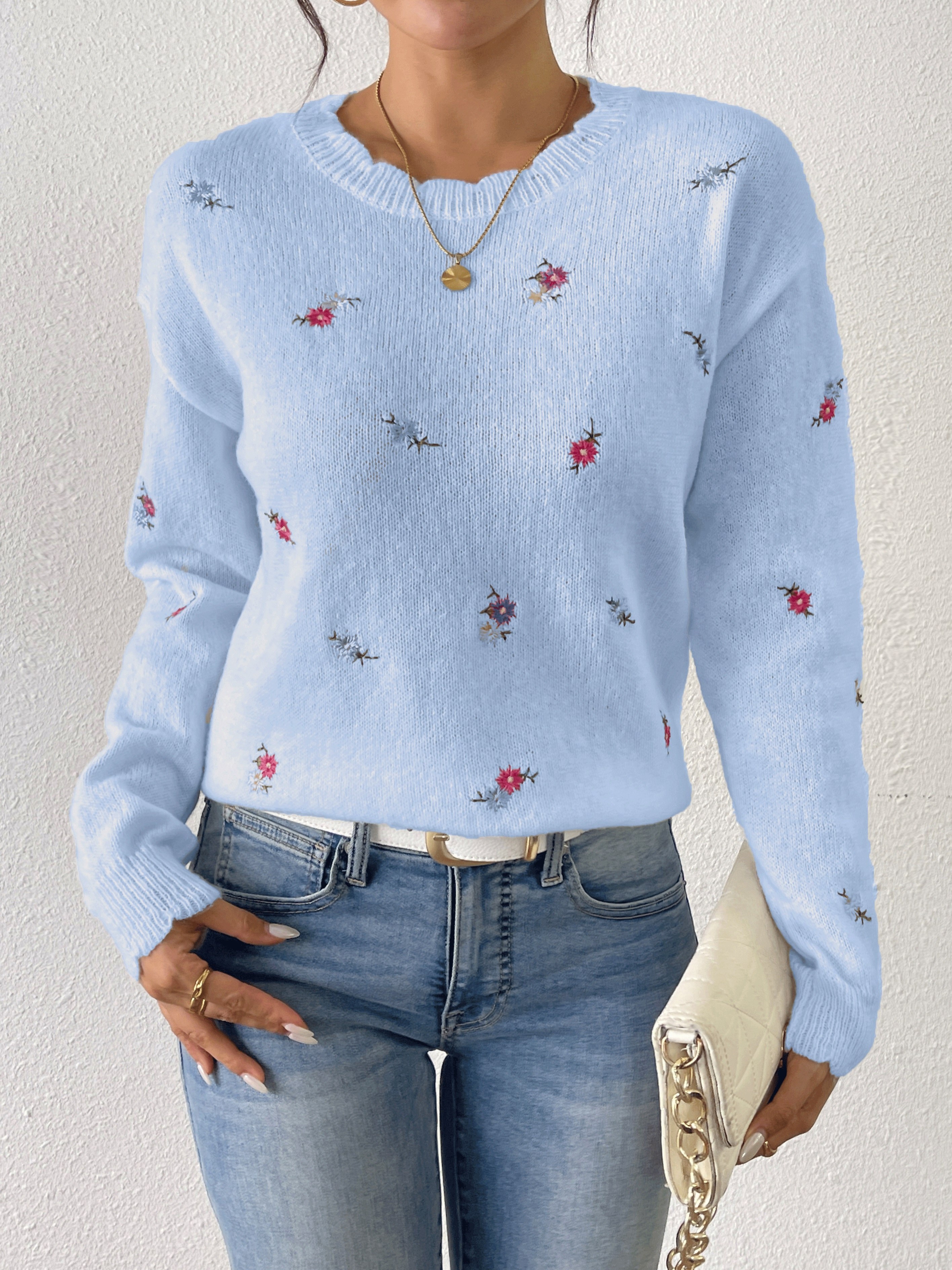 Floral Embroidery Long Sleeve Sweater Casual Crew Neck Drop Temu United